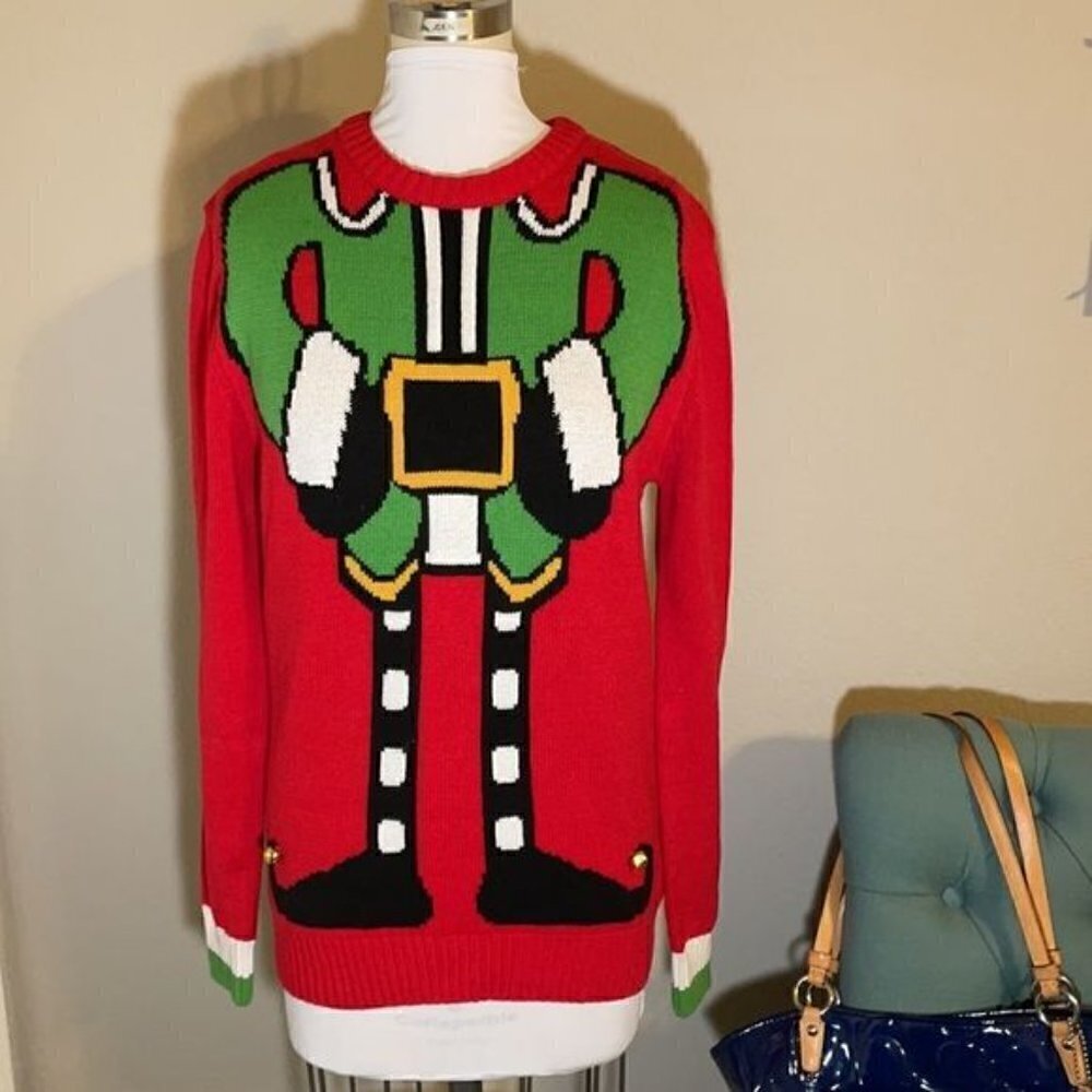 Imagin8 Red Ugly Christmas Elf Sweater with Bells Sz S
